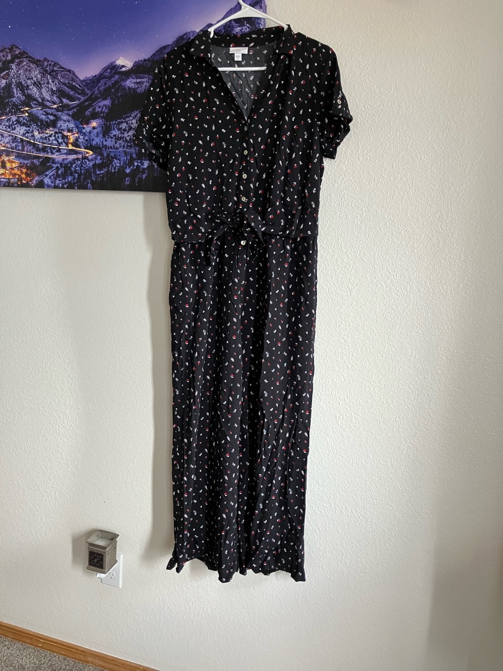 J. Jill Black Short-Sleeve Button-Front Jumpsuit with Pink & White Print